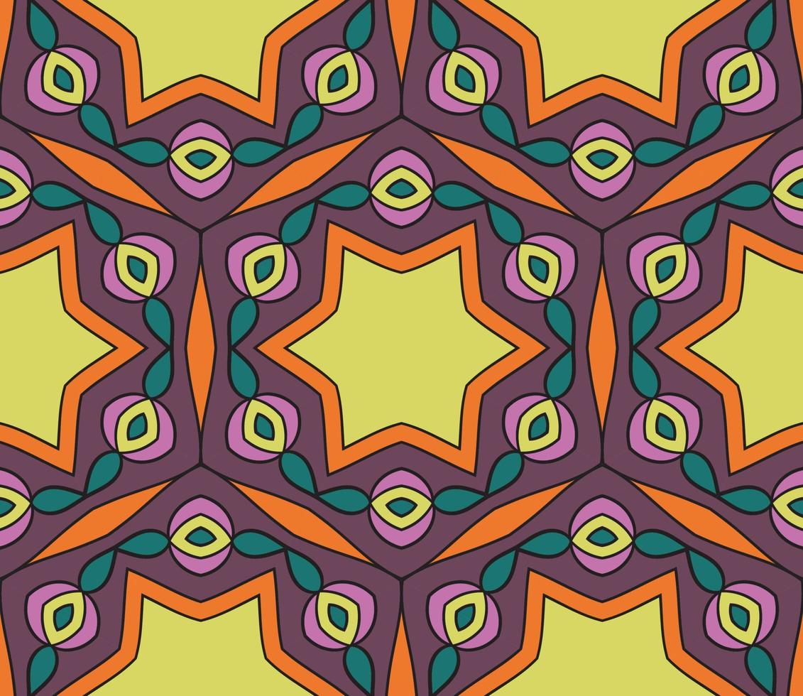 Abstract colorful doodle geometric flower seamless pattern. Floral background. Kaleidoscope mosaic, geo tile of thin line ornament. vector