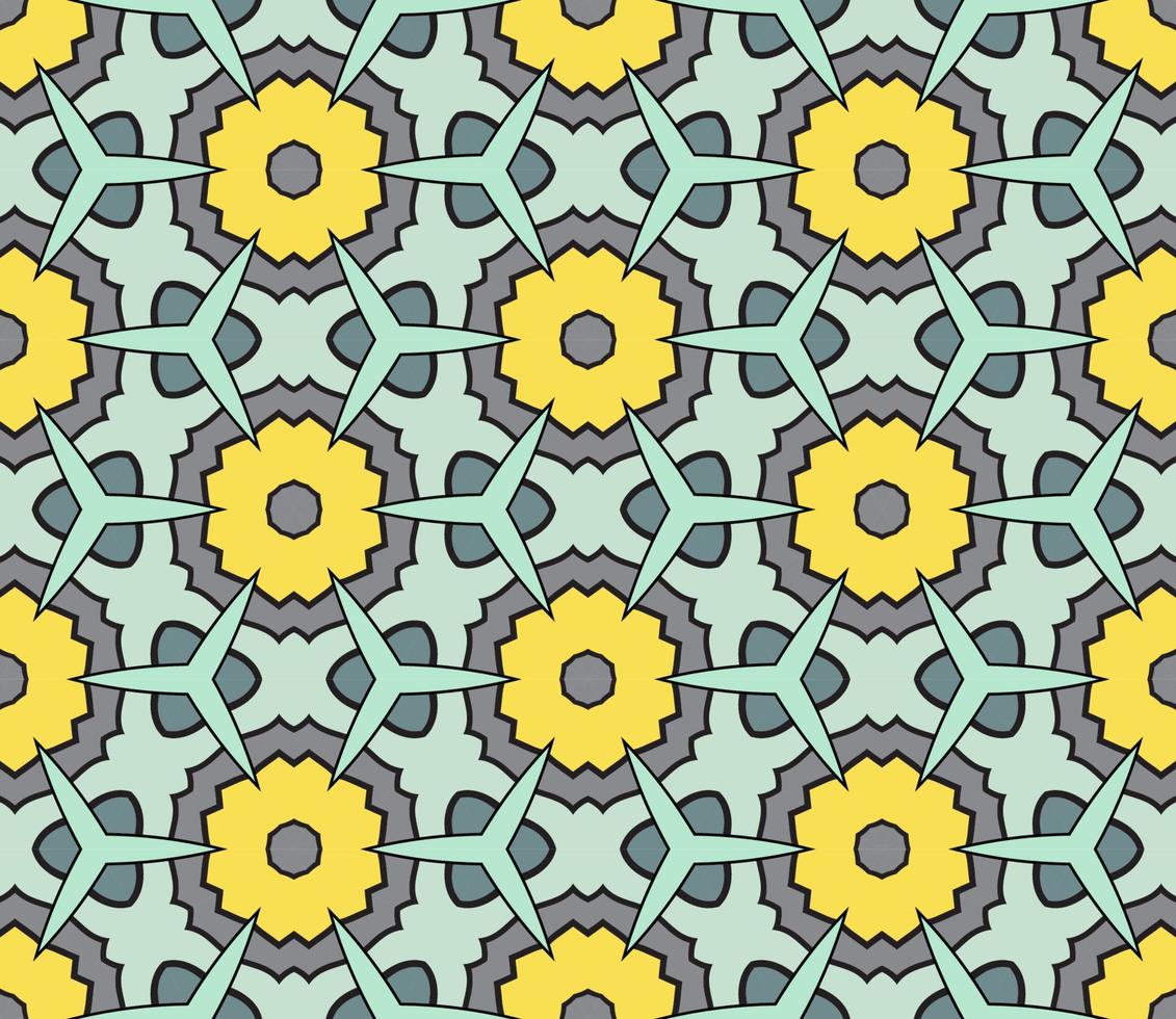 Abstract colorful doodle geometric flower seamless pattern. Floral background. Kaleidoscope mosaic, geo tile of thin line ornament. vector
