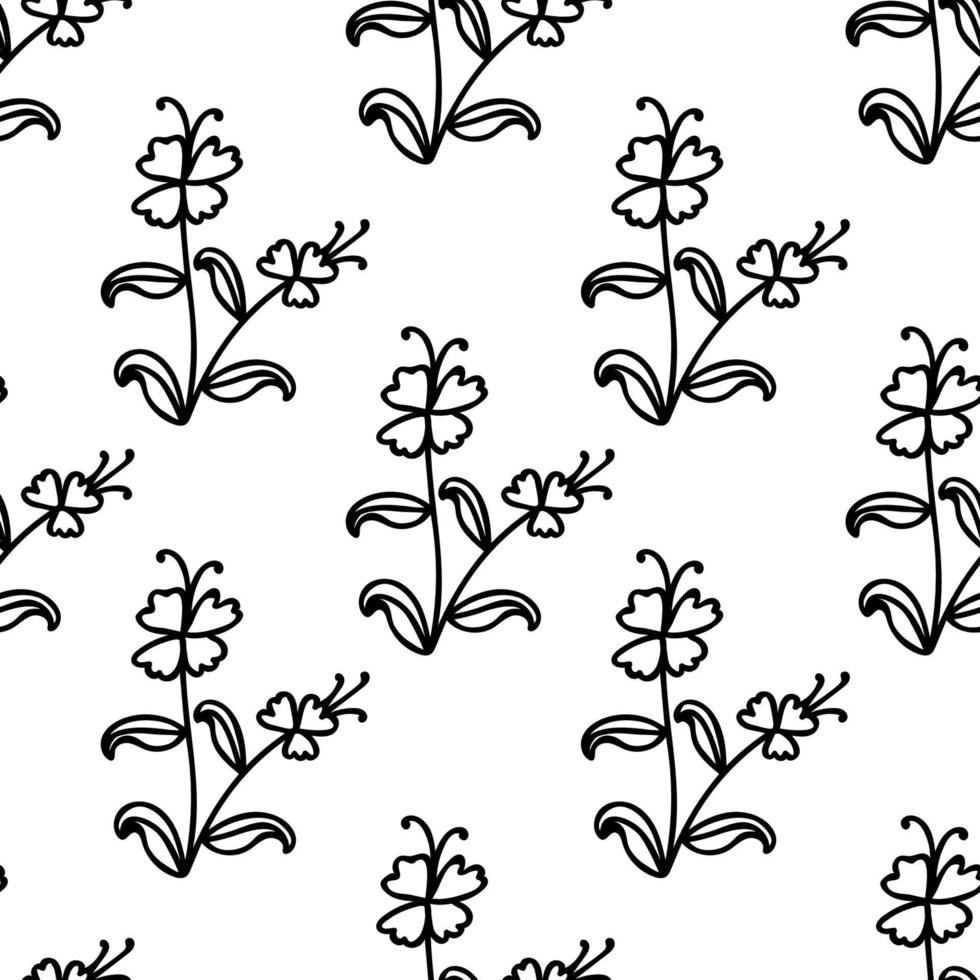 Cute floral seamless pattern with thin line doodle flowers, branches and leaves, floral background. vector