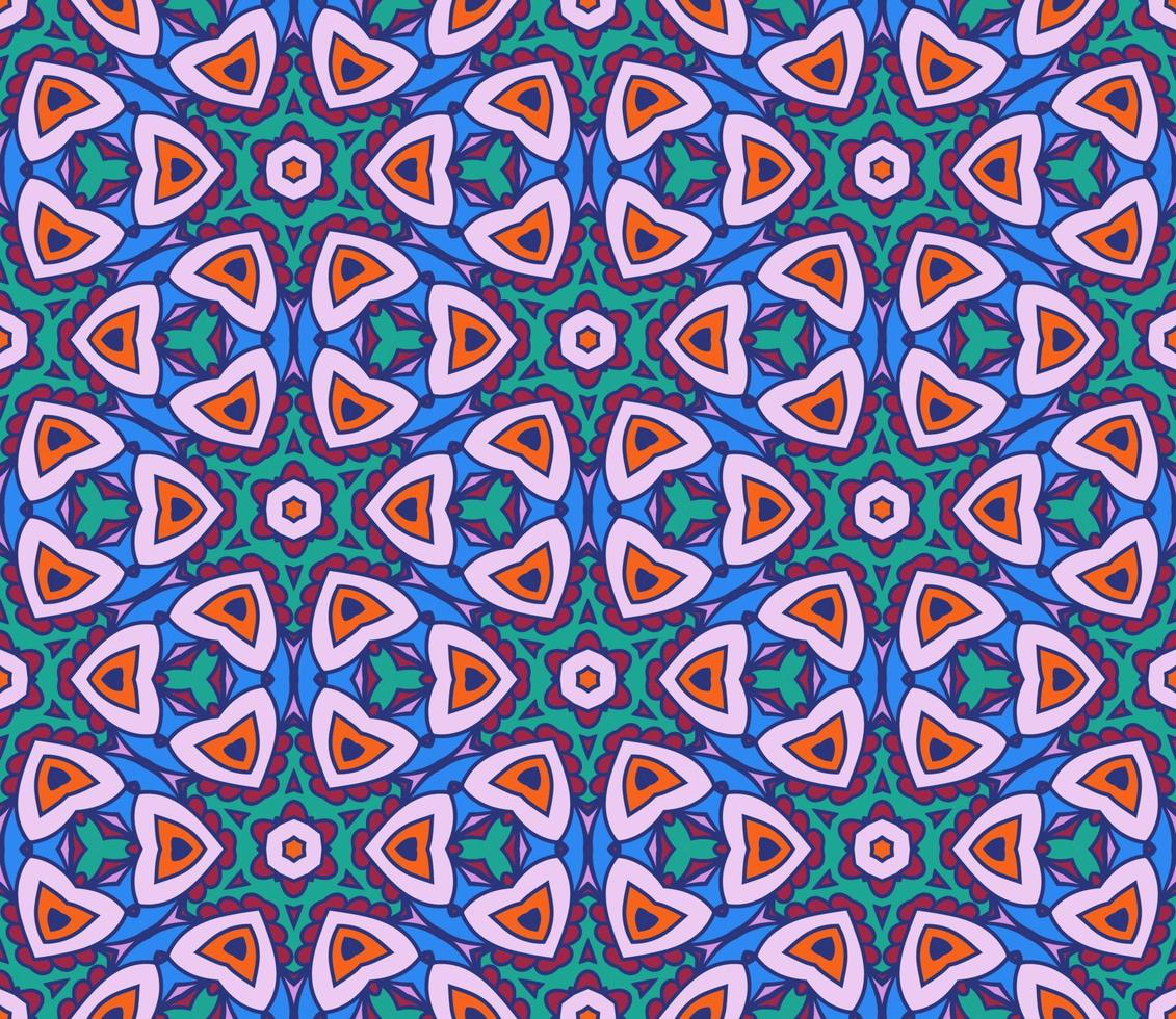Abstract colorful doodle geometric flower seamless pattern. Floral background. Kaleidoscope mosaic, geo tile of thin line ornament. vector