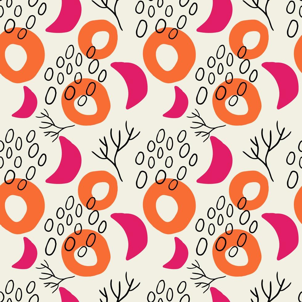 Cute cartoon messy flowers, dots, shapes seamless pattern. Modern geometric shapes background. vector