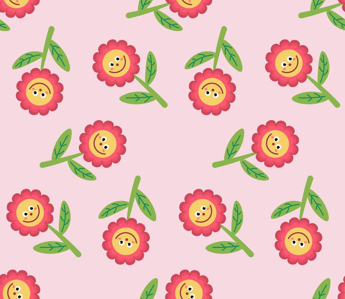 Cute cartoon flower characters in flat style seamless pattern. Floral childlike style mosaic background. vector