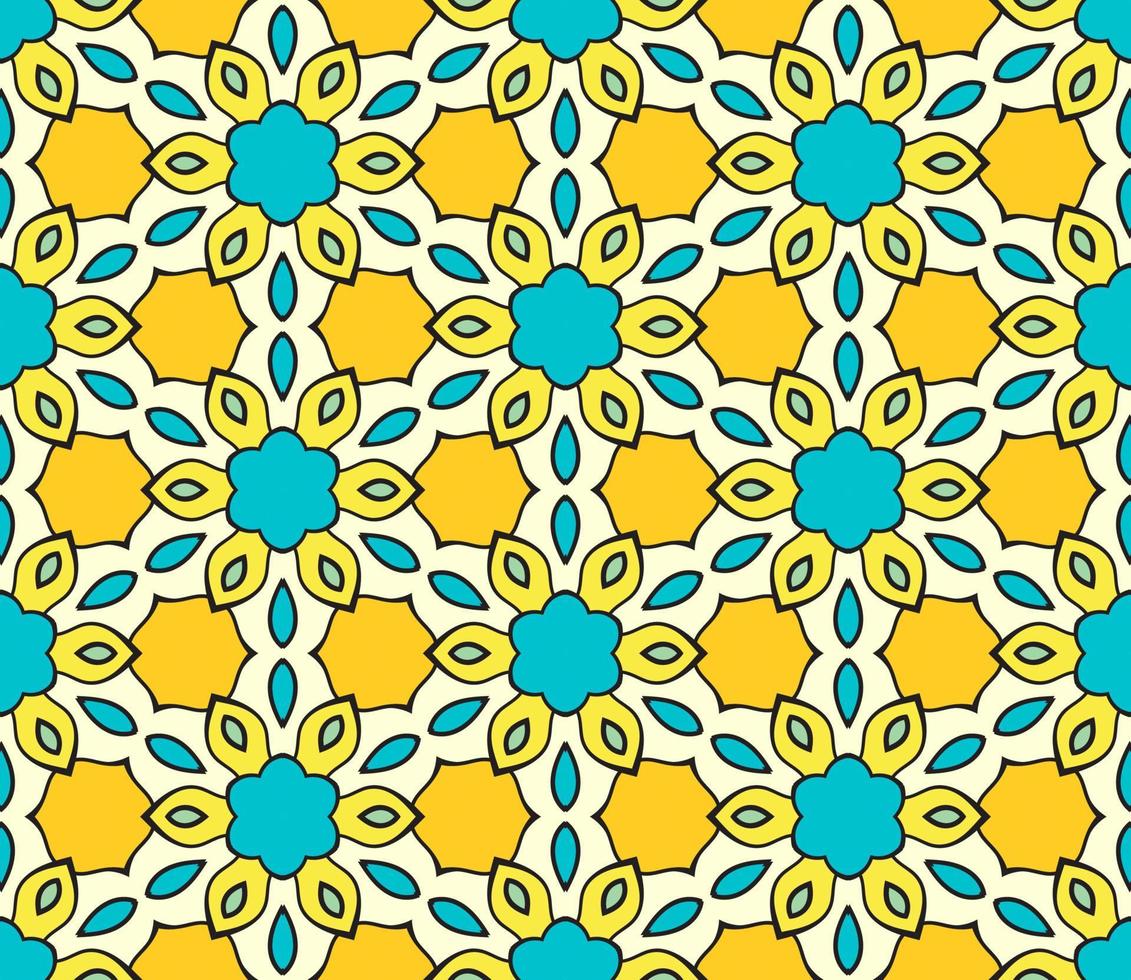 Abstract colorful doodle geometric flower seamless pattern. Floral background. Kaleidoscope mosaic, geo tile of thin line ornament. vector