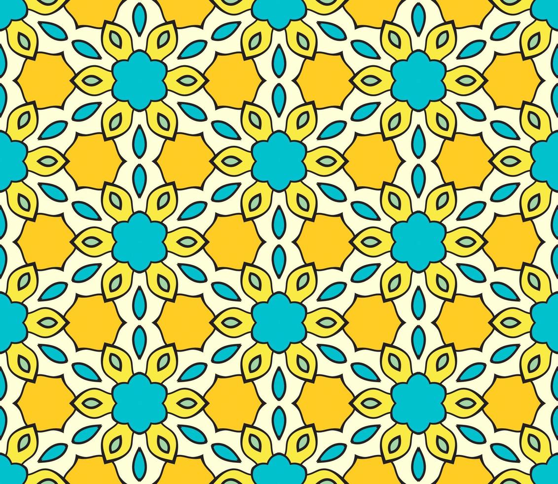 Abstract colorful doodle geometric flower seamless pattern. Floral background. Kaleidoscope mosaic, geo tile of thin line ornament. vector