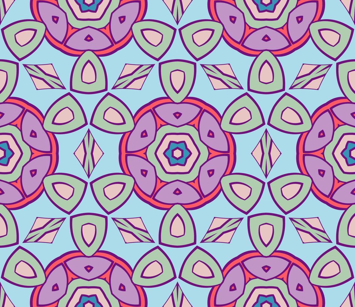 Abstract colorful doodle geometric flower seamless pattern. Floral background. Kaleidoscope mosaic, geo tile of thin line ornament. vector