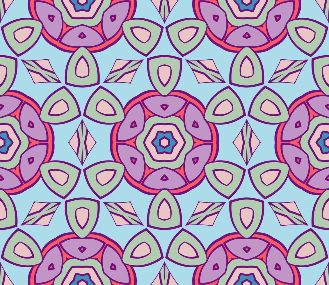 Abstract colorful doodle geometric flower seamless pattern. Floral background. Kaleidoscope mosaic, geo tile of thin line ornament. vector