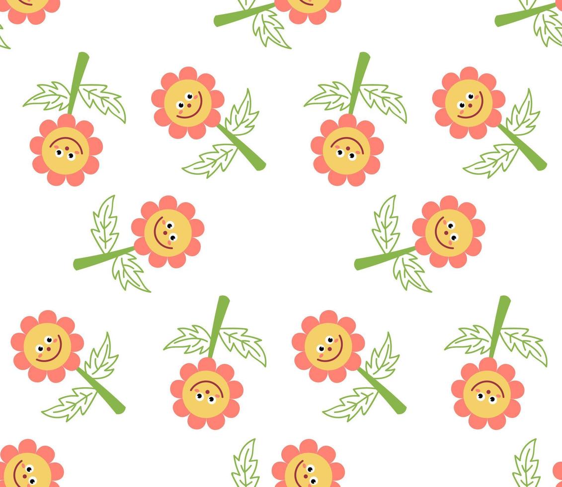 Cute cartoon flower characters in flat style seamless pattern. Floral childlike style mosaic background. vector