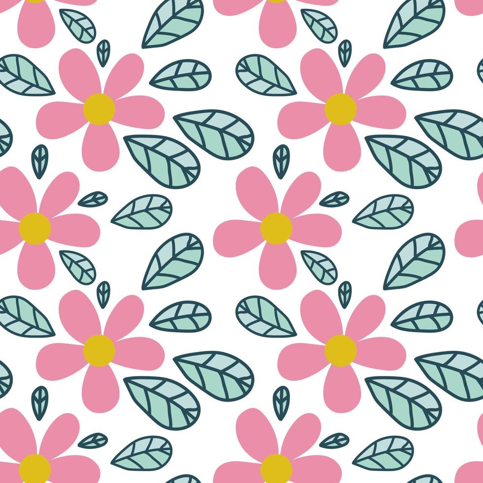 Cute cartoon doodle seamless pattern with flowers. Floral background. vector