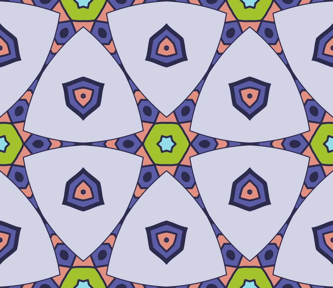 Abstract colorful doodle geometric flower seamless pattern. Floral background. Kaleidoscope mosaic, geo tile of thin line ornament. vector