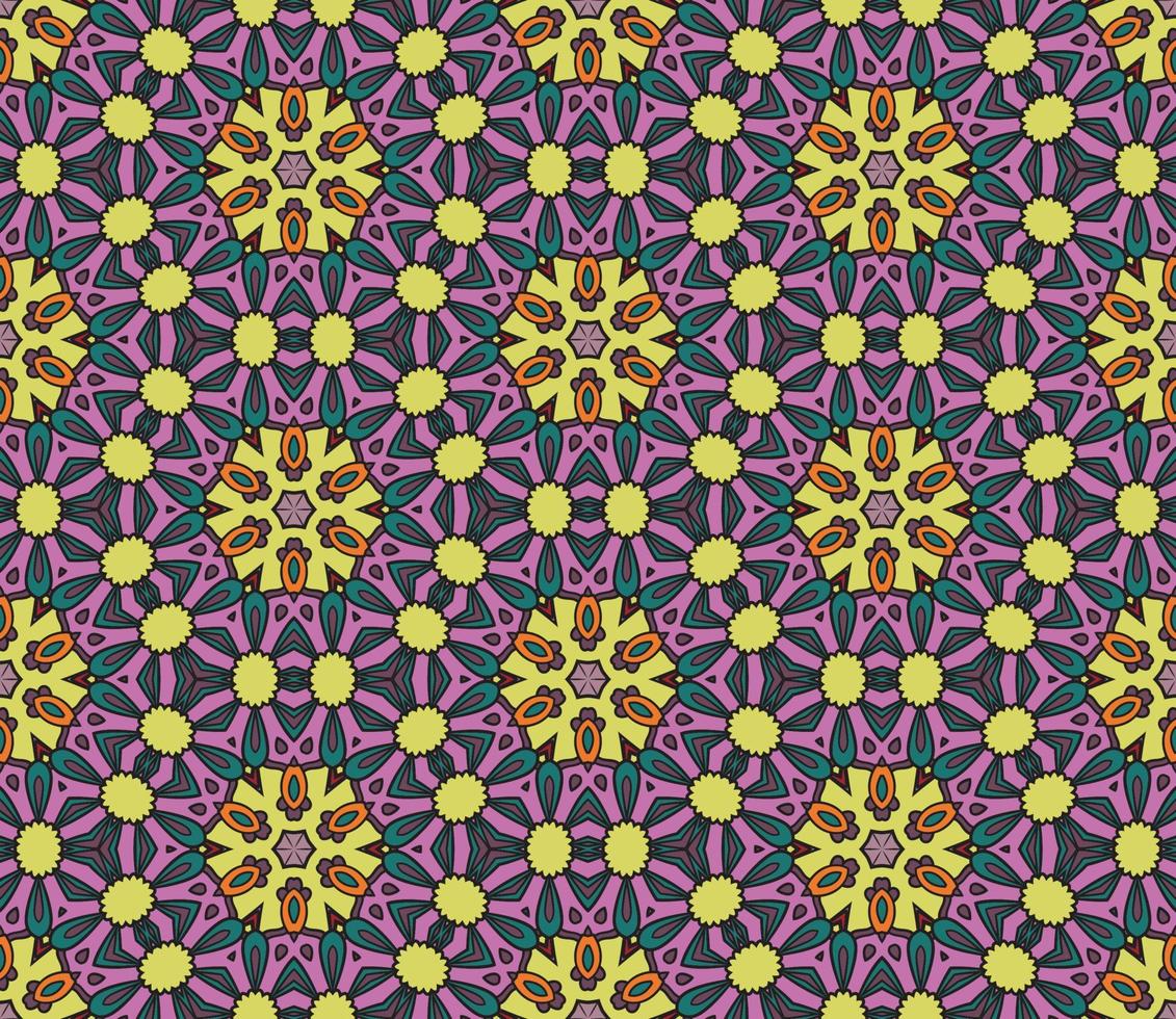 Abstract colorful doodle geometric flower seamless pattern. Floral background. Kaleidoscope mosaic, geo tile of thin line ornament. vector