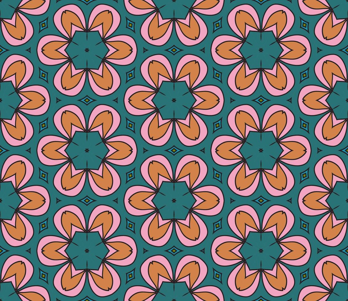 Abstract colorful doodle geometric flower seamless pattern. Floral background. Kaleidoscope mosaic, geo tile of thin line ornament. vector