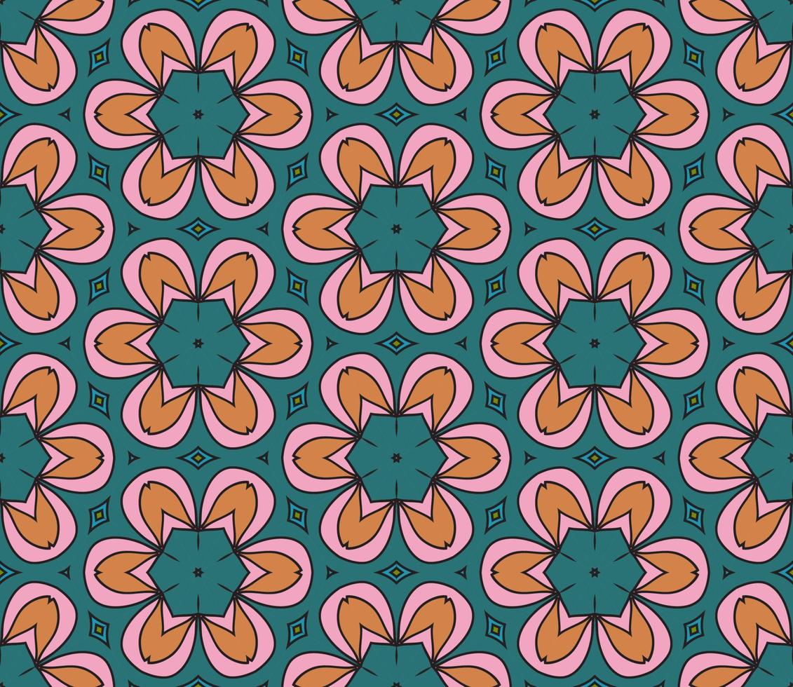 Abstract colorful doodle geometric flower seamless pattern. Floral background. Kaleidoscope mosaic, geo tile of thin line ornament. vector