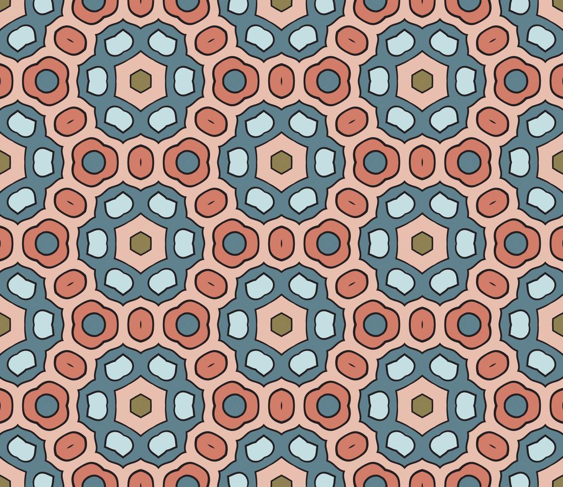 Abstract colorful doodle geometric flower seamless pattern. Floral background. Kaleidoscope mosaic, geo tile of thin line ornament. vector