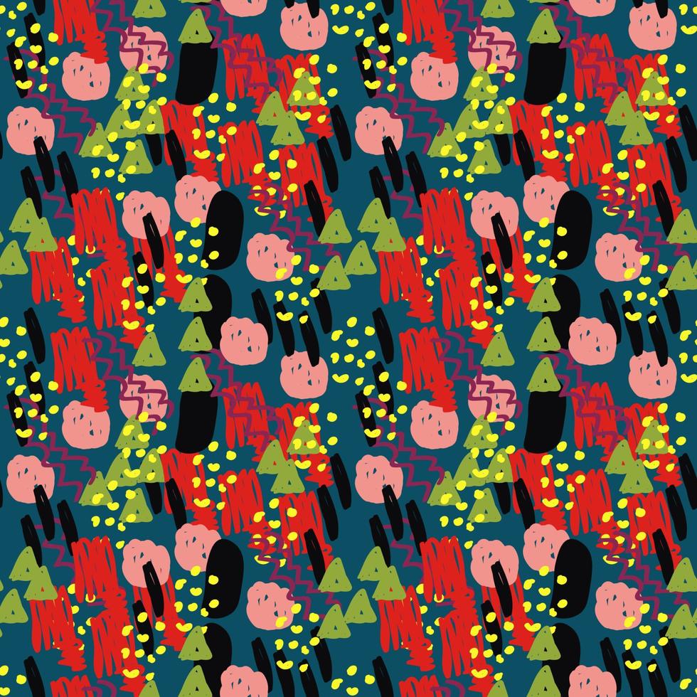 Modern hand draw colorful abstract seamless pattern with geometrical shapes. Circles, triangles, lines. vector