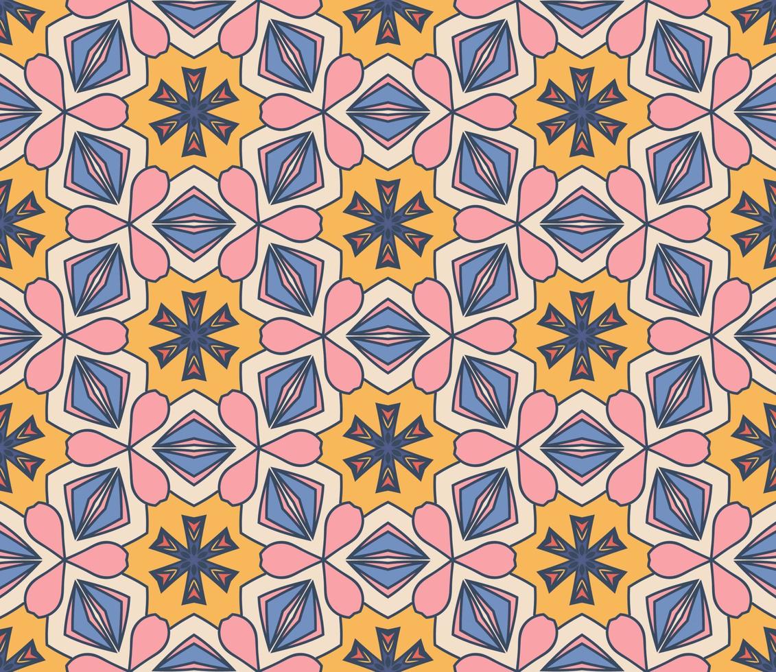 Abstract colorful doodle geometric flower seamless pattern. Floral background. Kaleidoscope mosaic, geo tile of thin line ornament. vector