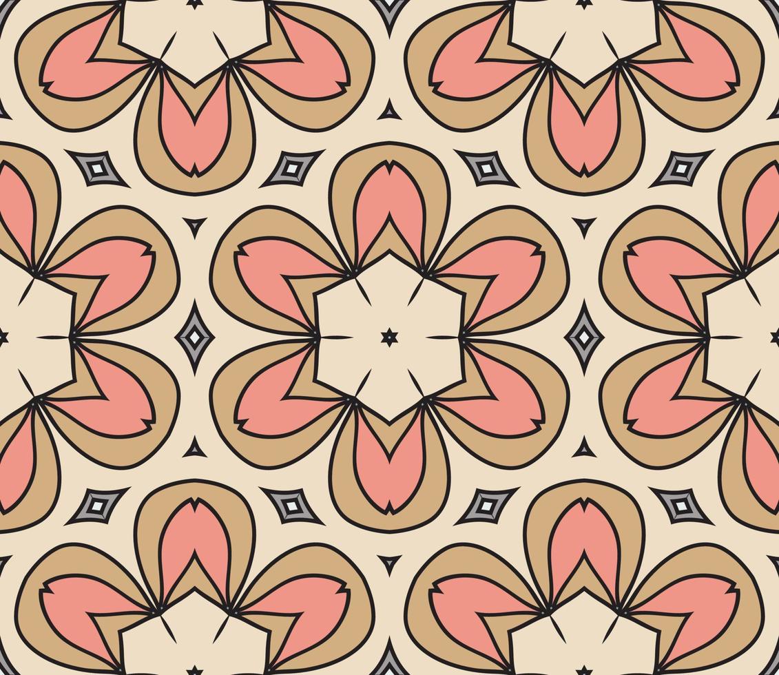 Abstract colorful doodle geometric flower seamless pattern. Floral background. Kaleidoscope mosaic, geo tile of thin line ornament. vector