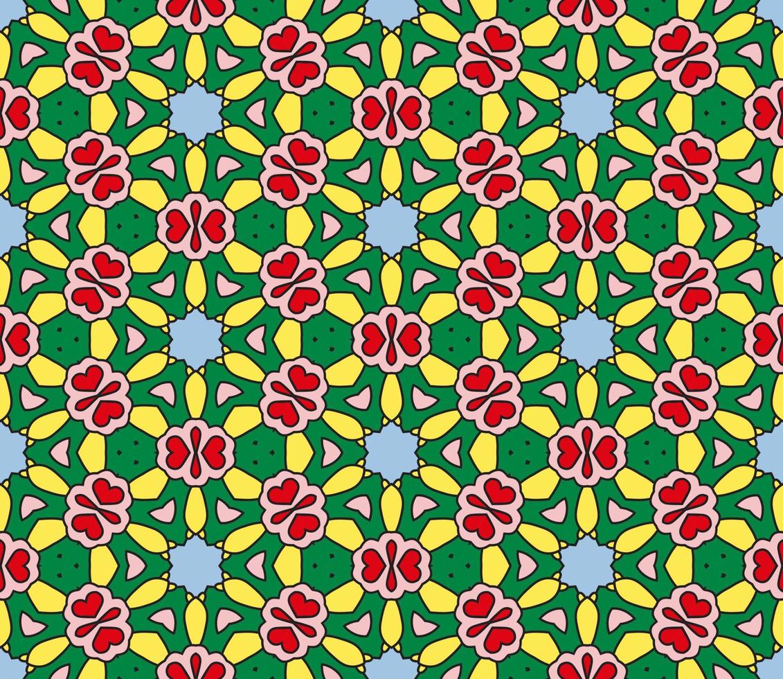 Abstract colorful doodle geometric flower seamless pattern. Floral background. Kaleidoscope mosaic, geo tile of thin line ornament. vector