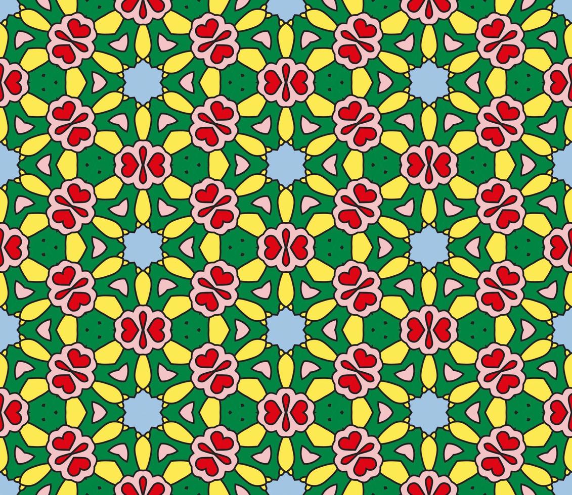 patrón sin costuras de flores geométricas de garabatos coloridos abstractos. fondo floral. mosaico de caleidoscopio, mosaico geo de adorno de línea delgada. vector