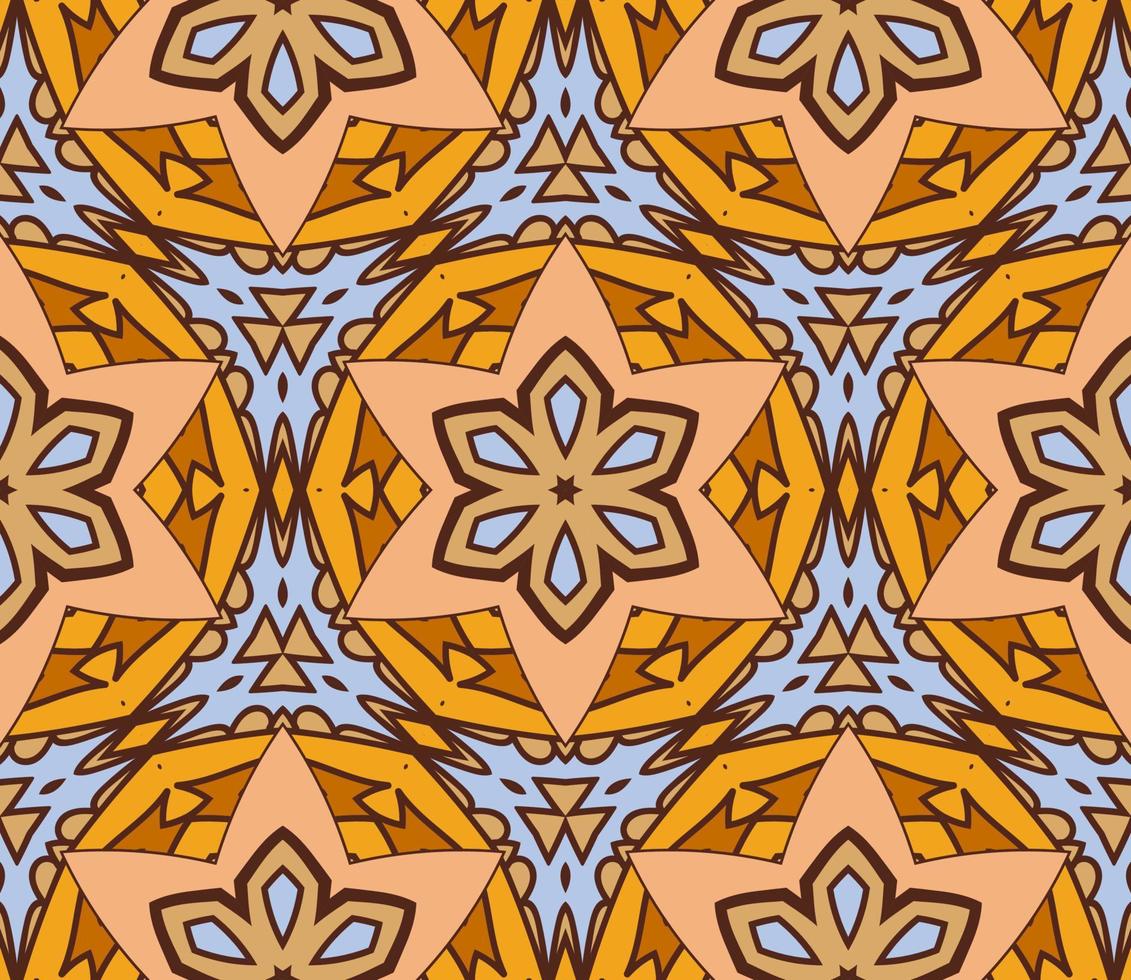 Abstract colorful doodle geometric flower seamless pattern. Floral background. Kaleidoscope mosaic, geo tile of thin line ornament. vector