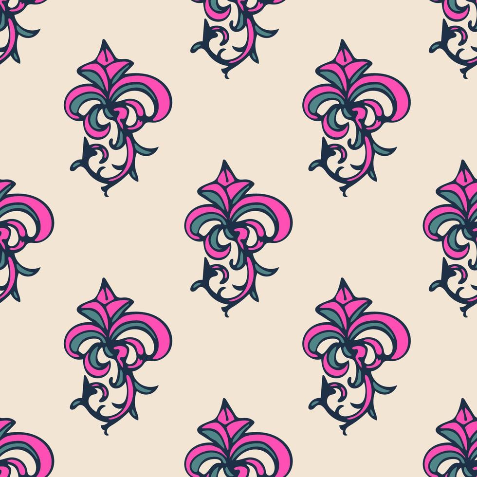 Cute damask, fleur de lis abstract seamless pattern with hand drawn decoration. vector