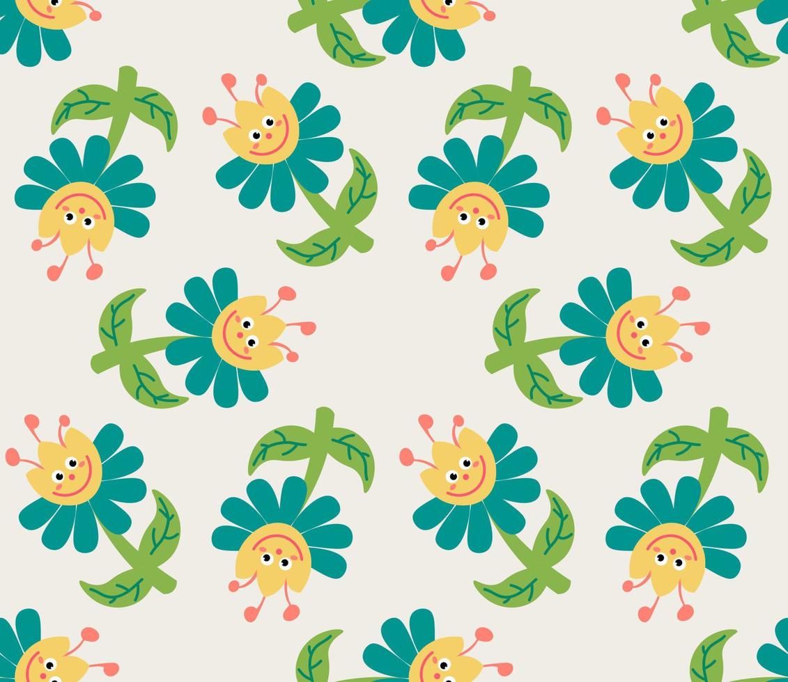 Cute cartoon flower characters in flat style seamless pattern. Floral childlike style mosaic background. vector