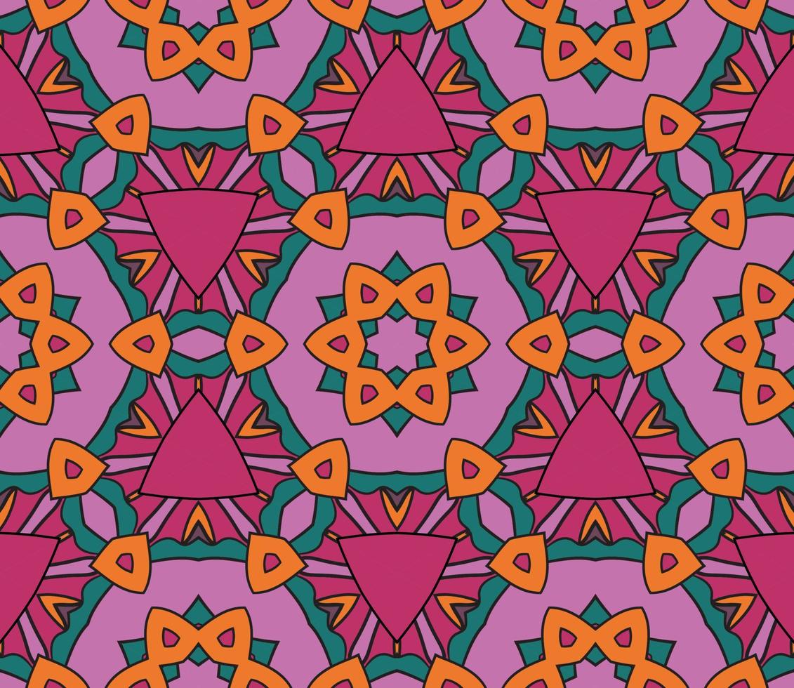 Abstract colorful doodle geometric flower seamless pattern. Floral background. Kaleidoscope mosaic, geo tile of thin line ornament. vector