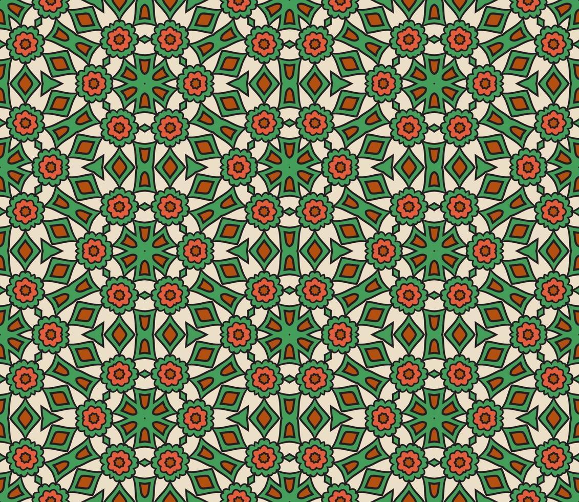 Abstract colorful doodle geometric flower seamless pattern. Floral background. Kaleidoscope mosaic, geo tile of thin line ornament. vector