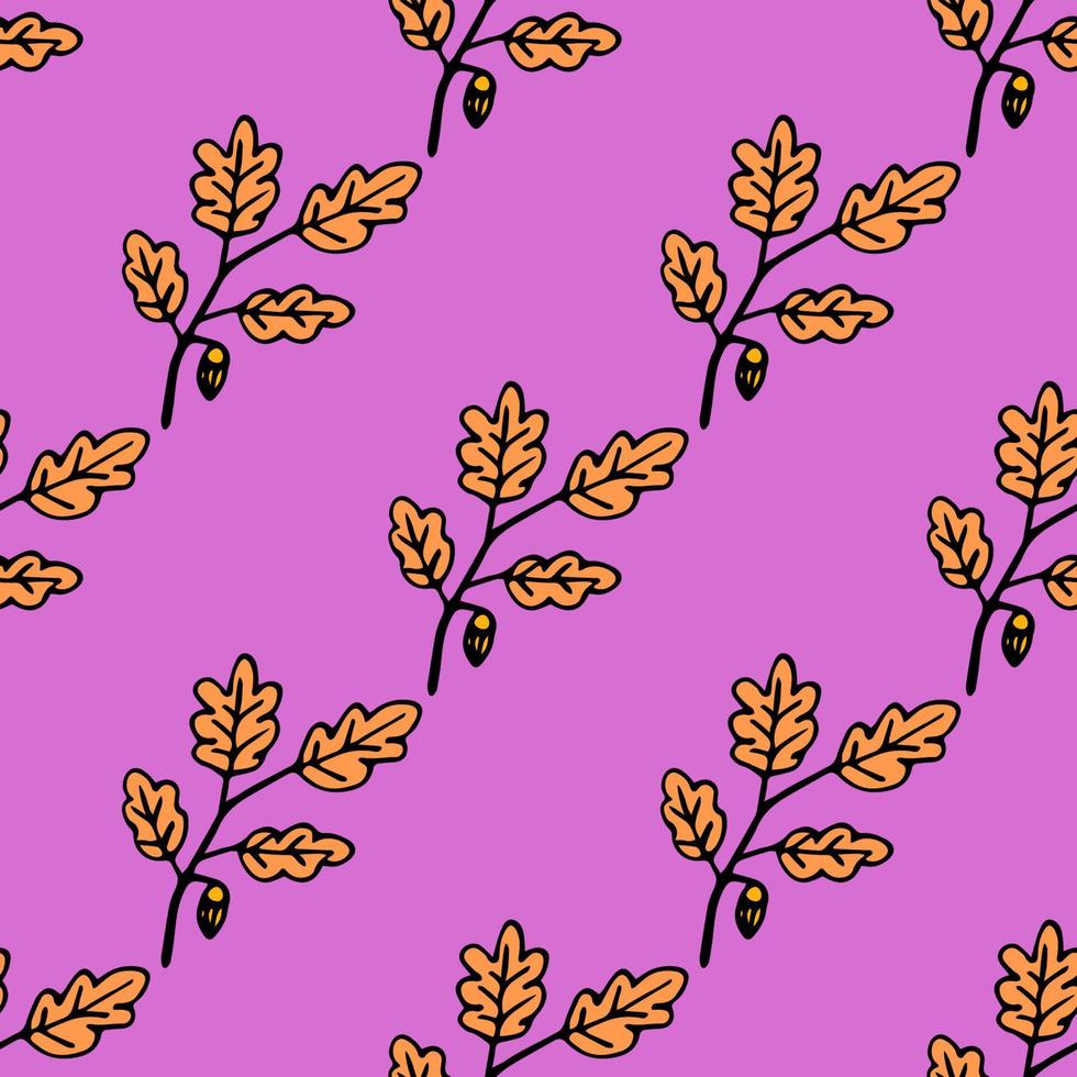 Seamless pattern with hand drawn autumn oak leaves, branches and acorns. Doodle colorful autumn background. Cute infinity wrapping paper. vector