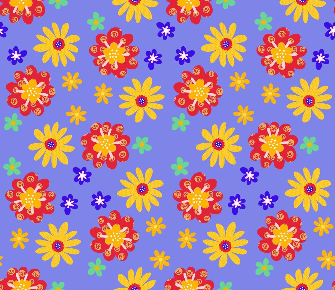 lindas flores de dibujos animados en un patrón sin costuras de estilo plano. fondo de mosaico de estilo infantil floral. vector