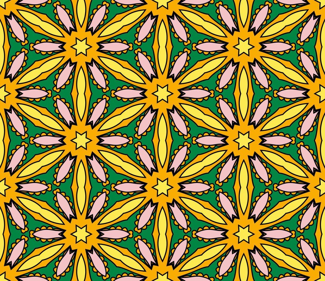 Abstract colorful doodle geometric flower seamless pattern. Floral background. Kaleidoscope mosaic, geo tile of thin line ornament. vector