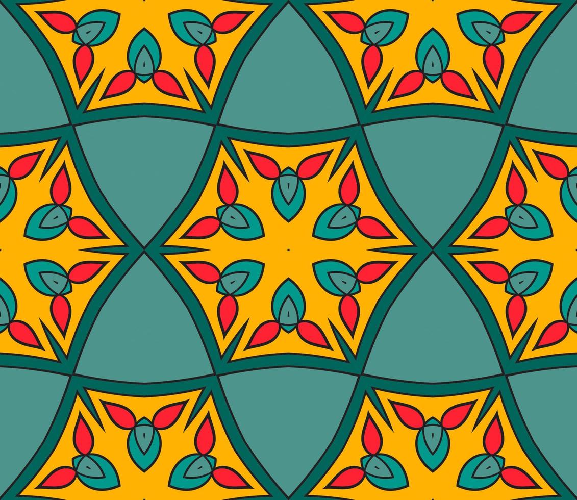Abstract colorful doodle geometric flower seamless pattern. Floral background. Kaleidoscope mosaic, geo tile of thin line ornament. vector