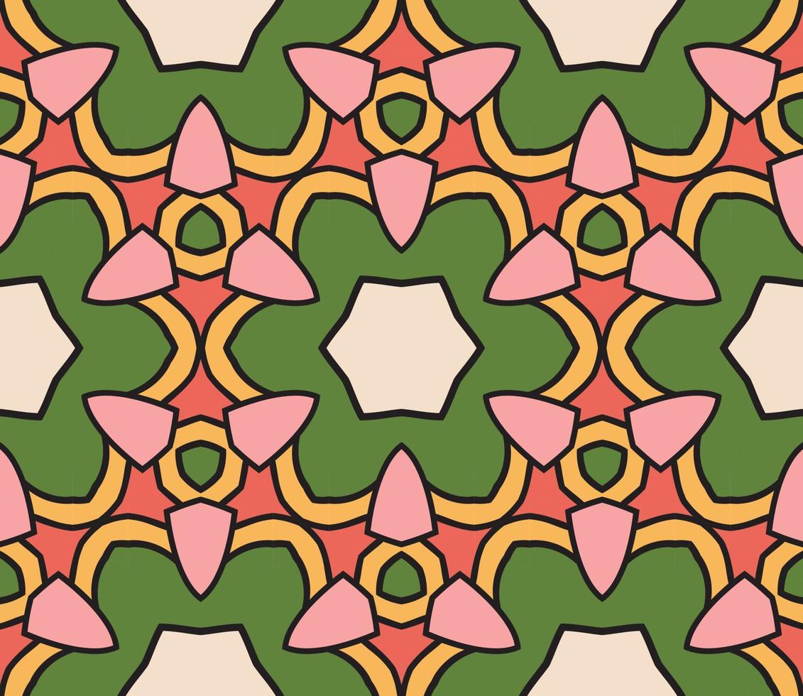 Abstract colorful doodle geometric flower seamless pattern. Floral background. Kaleidoscope mosaic, geo tile of thin line ornament. vector