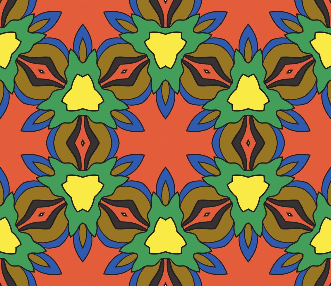 Abstract colorful doodle geometric flower seamless pattern. Floral background. Kaleidoscope mosaic, geo tile of thin line ornament. vector