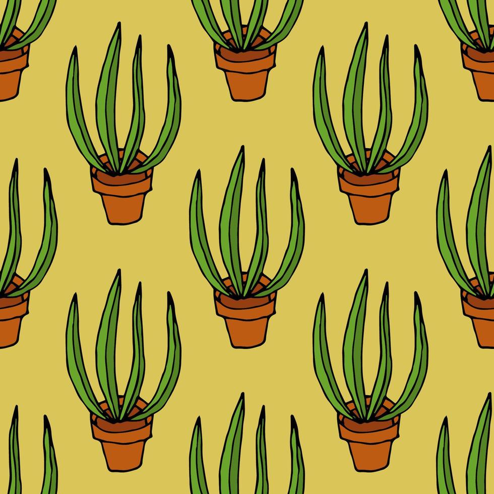 Abstract colorful doodle flower with leaves in pot seamless pattern. Floral background. vector