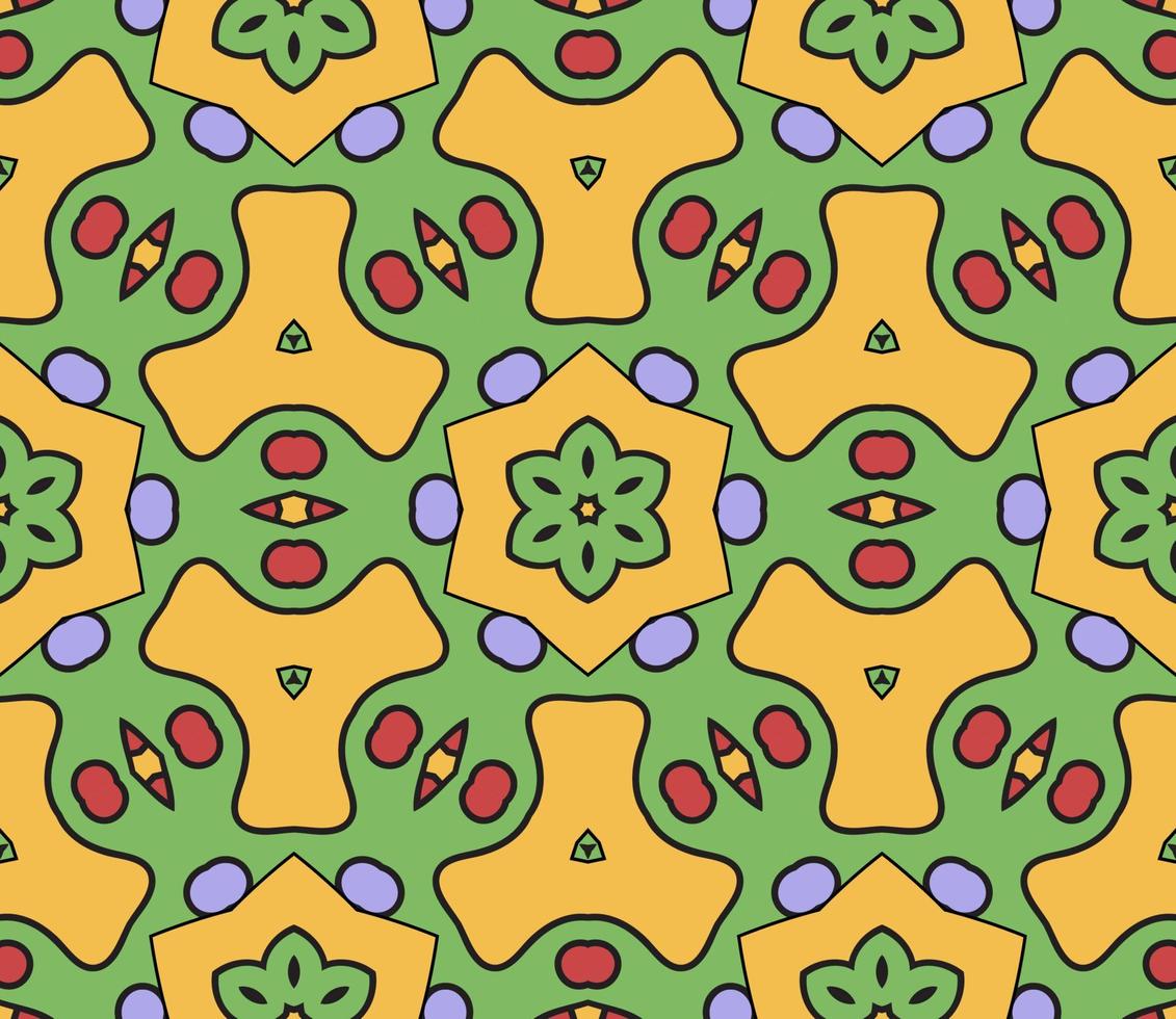 Abstract colorful doodle geometric flower seamless pattern. Floral background. Kaleidoscope mosaic, geo tile of thin line ornament. vector