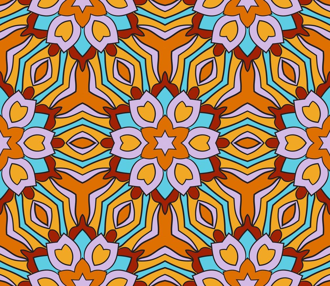 Abstract colorful doodle geometric flower seamless pattern. Floral background. Kaleidoscope mosaic, geo tile of thin line ornament. vector