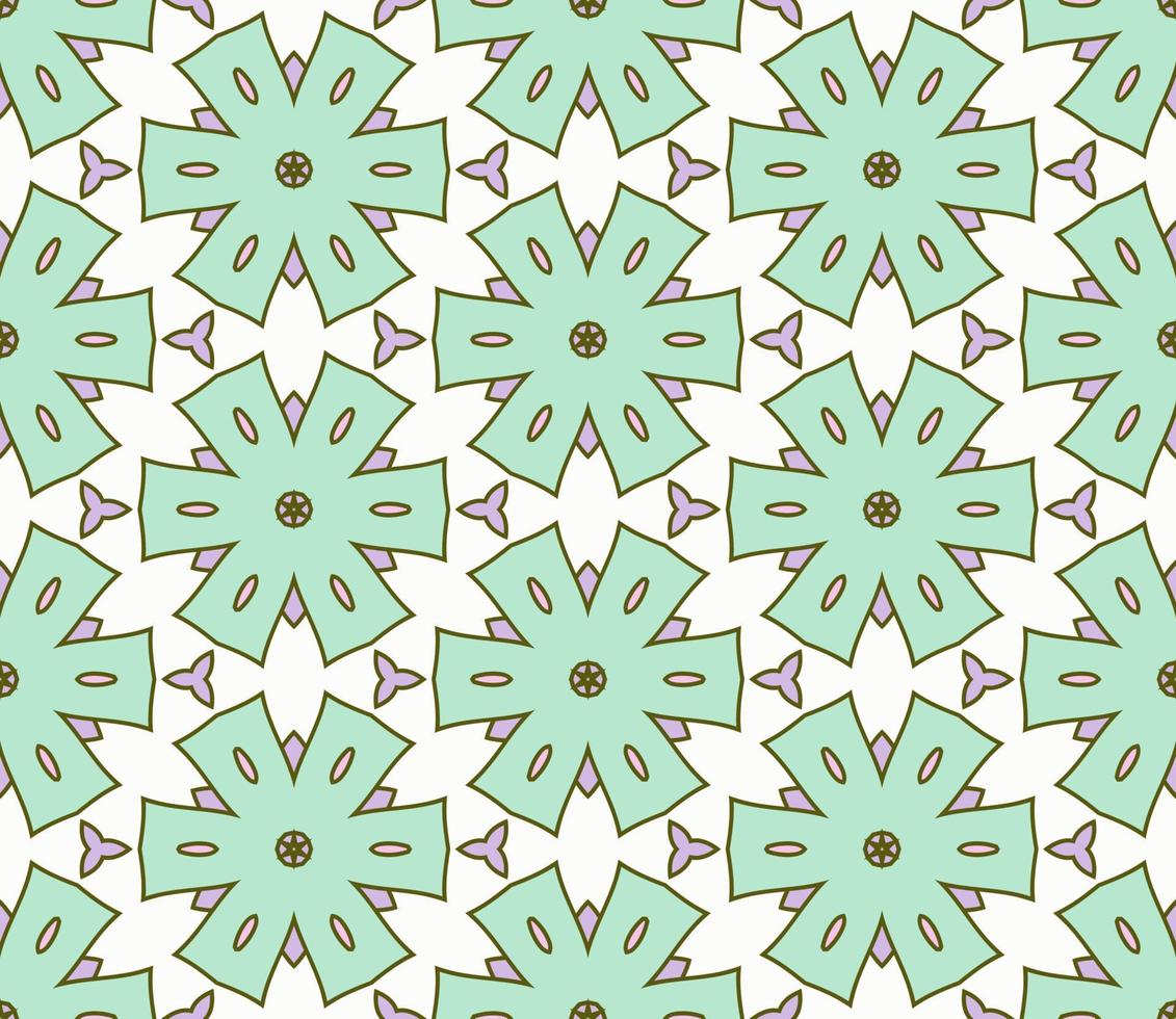 Abstract colorful doodle geometric flower seamless pattern. Floral background. Kaleidoscope mosaic, geo tile of thin line ornament. vector