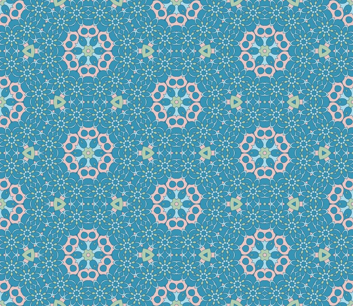 Abstract colorful doodle geometric flower seamless pattern. Floral background. Kaleidoscope mosaic, geo tile of thin line ornament. vector