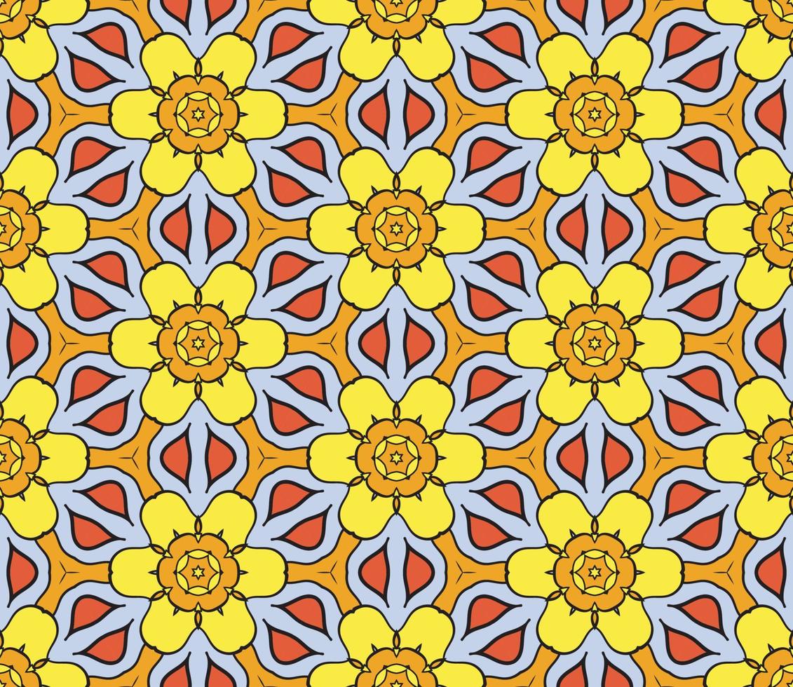 Abstract colorful doodle geometric flower seamless pattern. Floral background. Kaleidoscope mosaic, geo tile of thin line ornament. vector