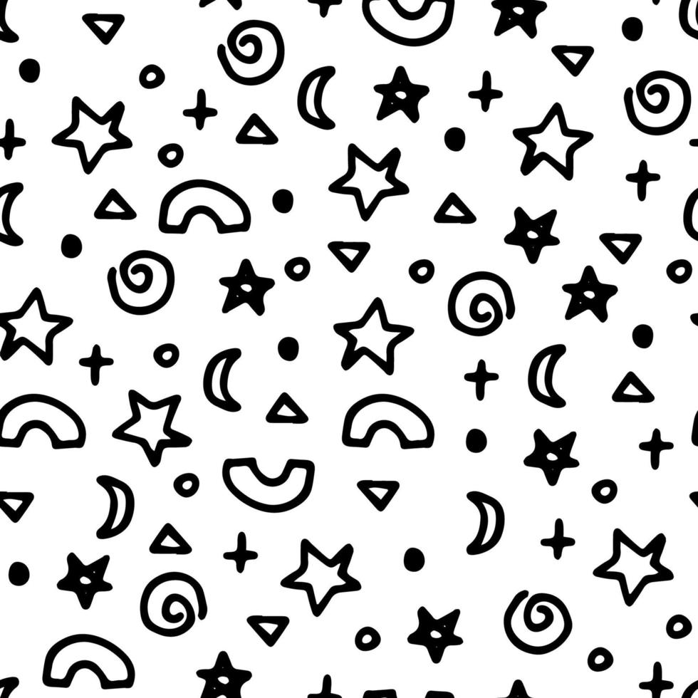 Hand drawn abstract seamless pattern with different shapes. Geometric background in Memphis style. vector