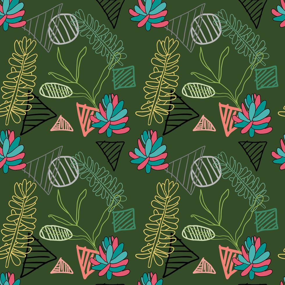 Cute doodle Succulent flowers and striped geometric shapes seamless pattern. Abstract background with plants, bushes isolated. vector