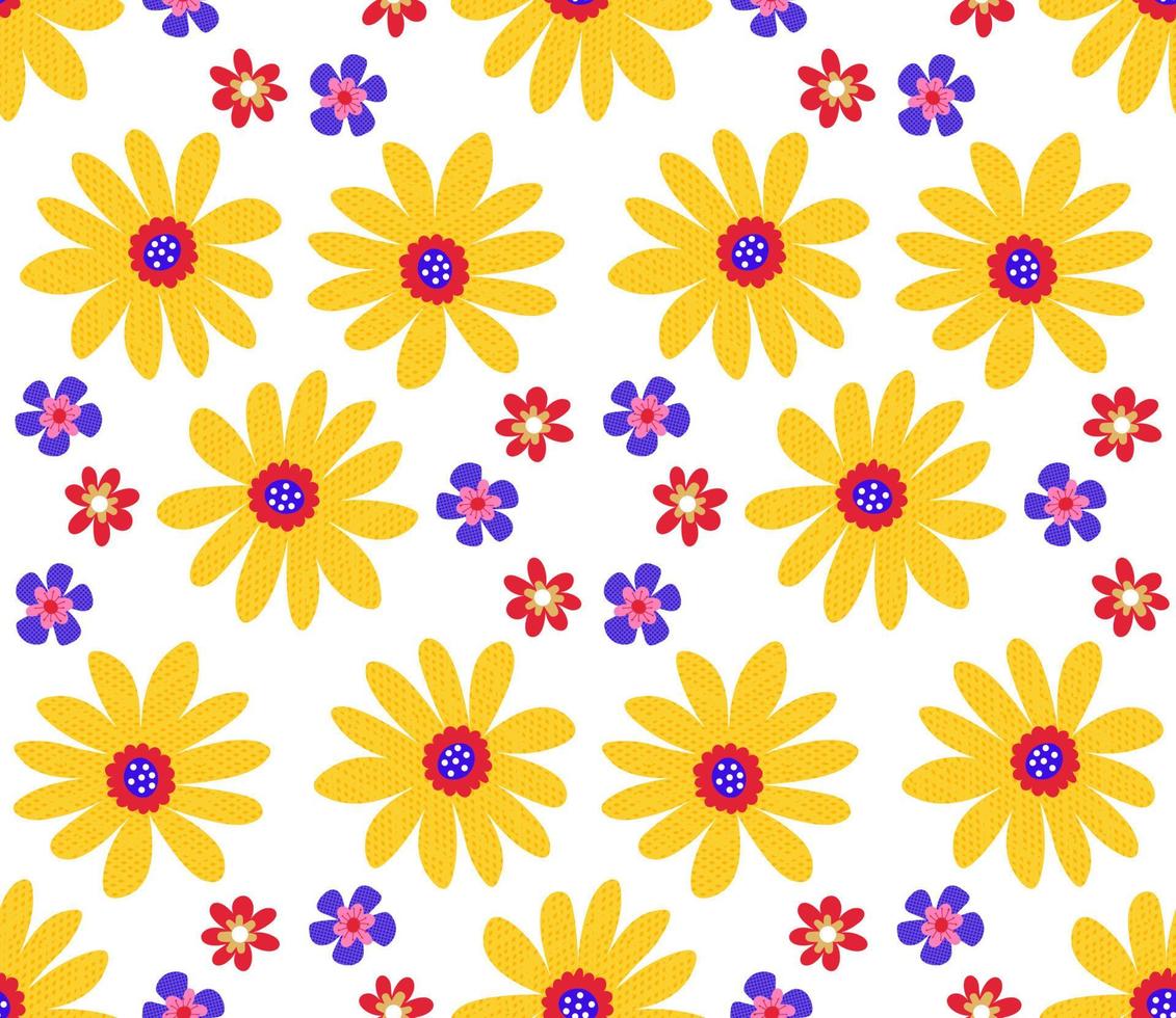 lindas flores de dibujos animados en un patrón sin costuras de estilo plano. fondo de mosaico de estilo infantil floral. vector