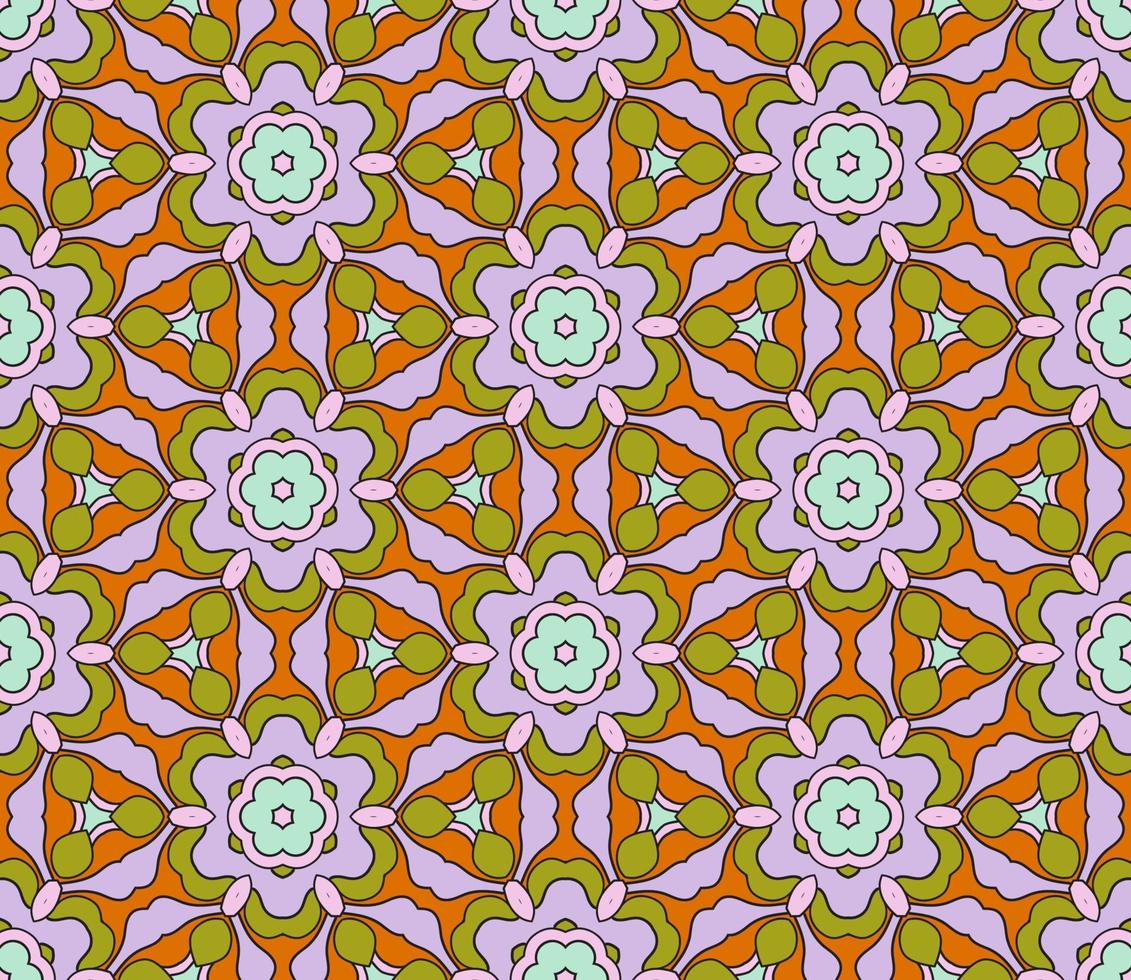 Abstract colorful doodle geometric flower seamless pattern. Floral background. Kaleidoscope mosaic, geo tile of thin line ornament. vector