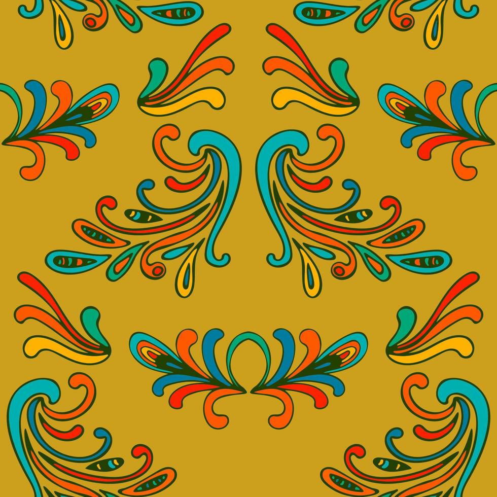 Colorful thin line floral damask seamless pattern with fantasy flowers, leaves. vector