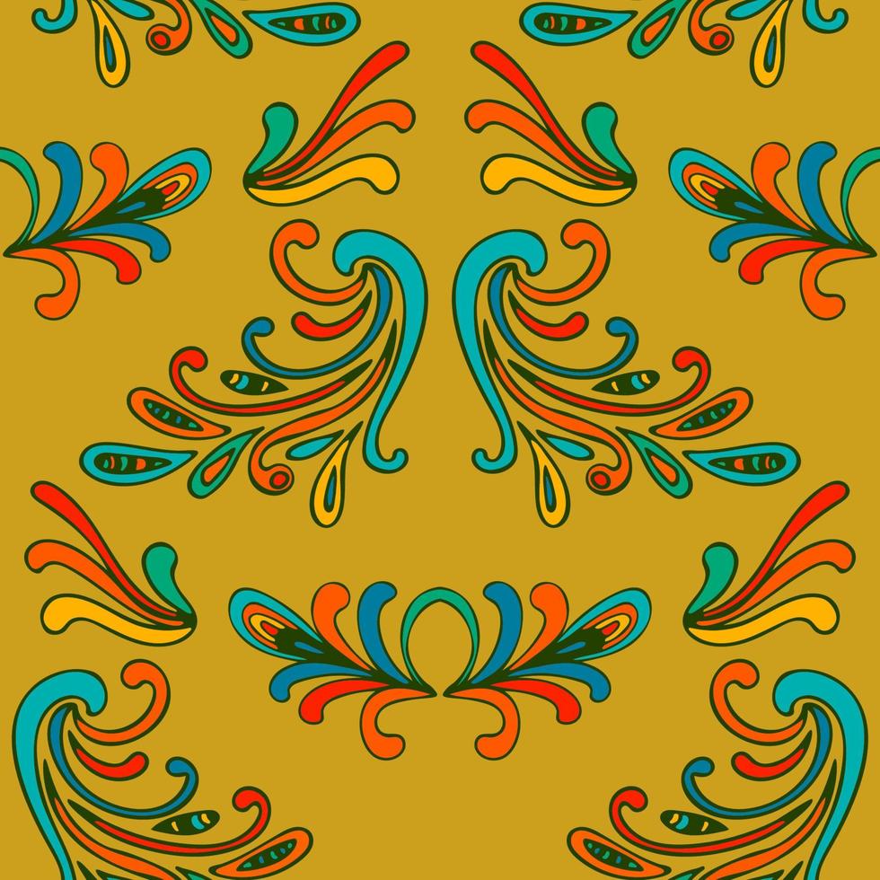 Colorful thin line floral damask seamless pattern with fantasy flowers, leaves. vector