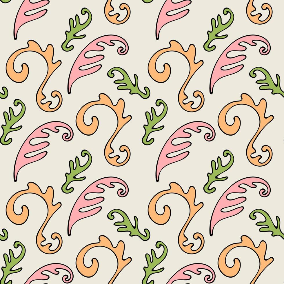 Colorful abstract seamless pattern with organic shapes, floral curls, leaves. vector