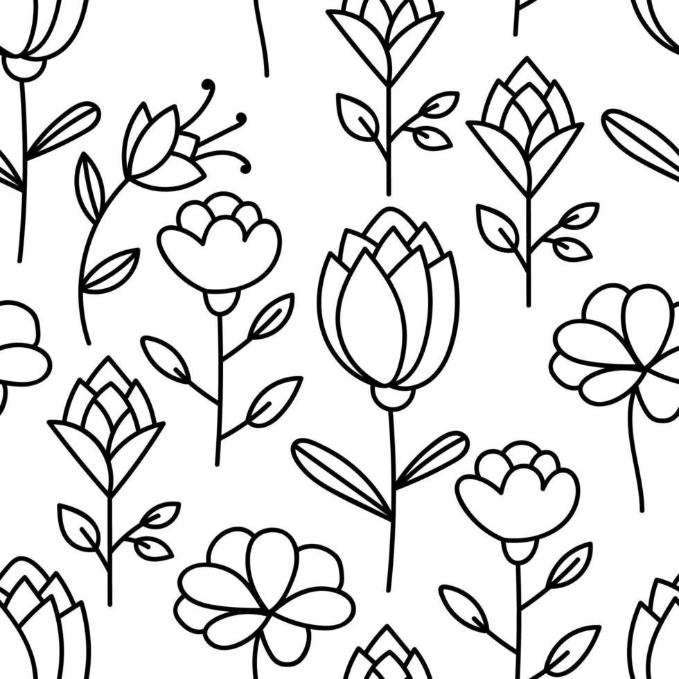 Cute floral seamless pattern with thin line doodle flowers, branches and leaves, floral background. vector