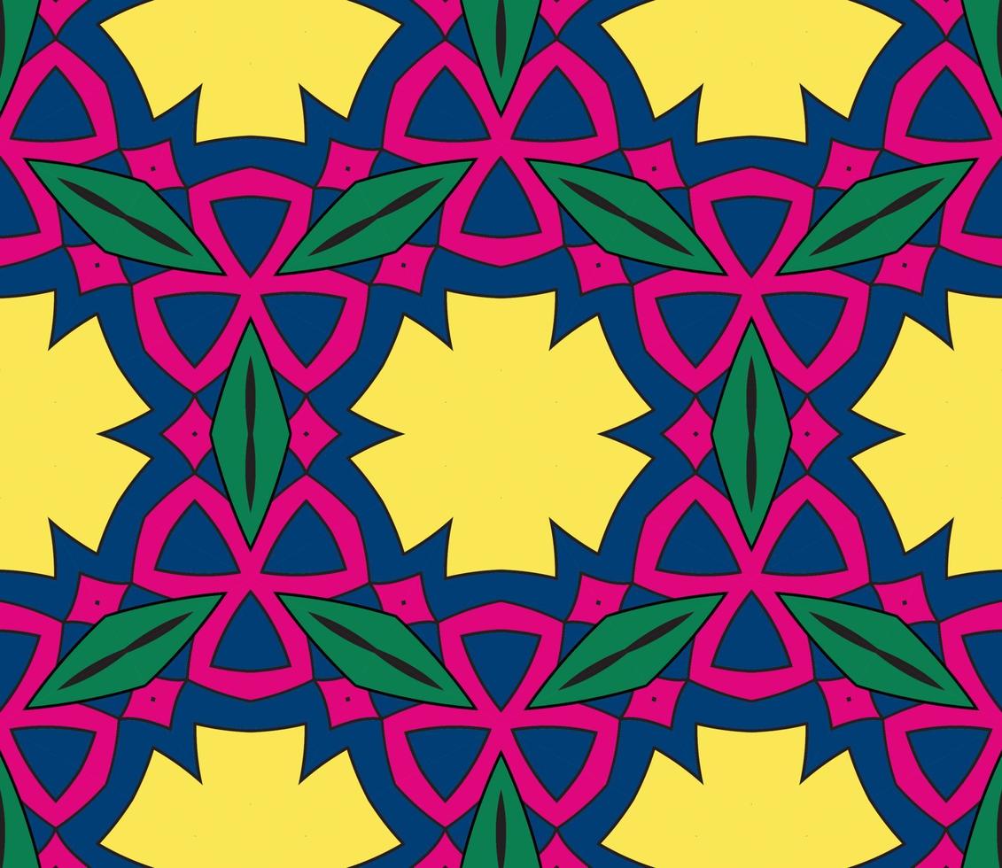 Abstract colorful doodle geometric flower seamless pattern. Floral background. Kaleidoscope mosaic, geo tile of thin line ornament. vector