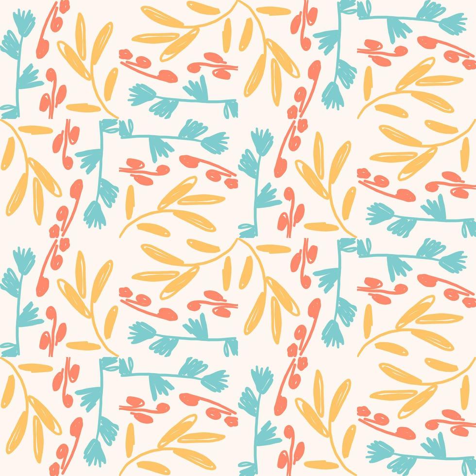 Cute colorful floral seamless pattern with branches and leaves. Doodle forest background. vector