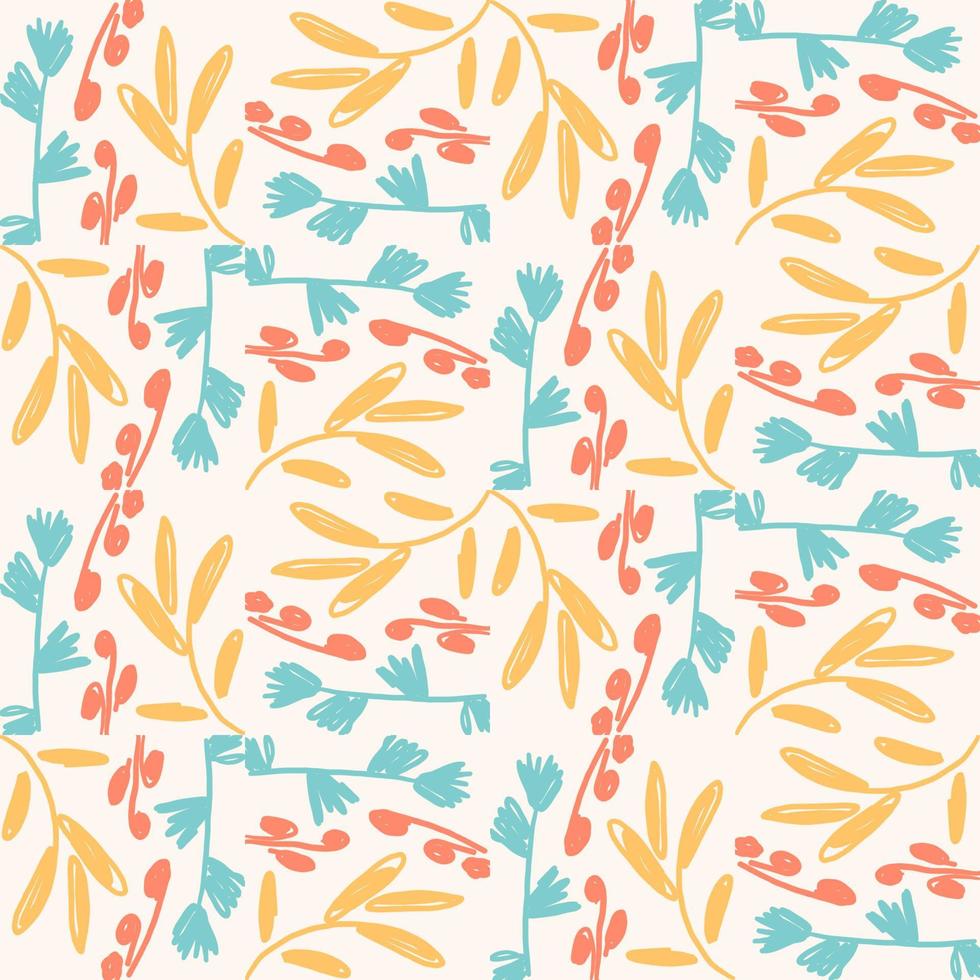 Cute colorful floral seamless pattern with branches and leaves. Doodle forest background. vector